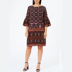 LONDON TIMES Dark Multi Color Boho Mini Shift Dress, 3/4 Bell Sleeves, Size 2